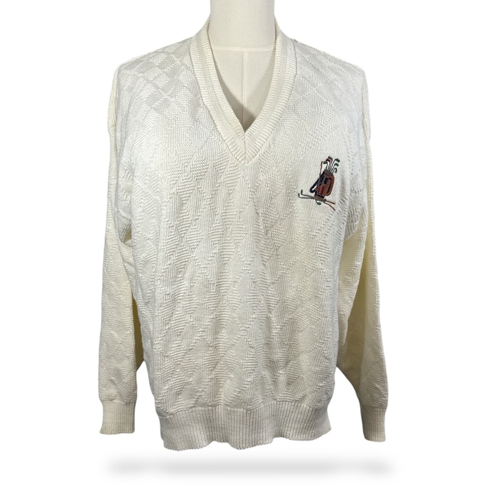 Scottish Isle Bernette Vintage Cream Cotton V-Neck Golf Sweater Diamond‎ Knit XL